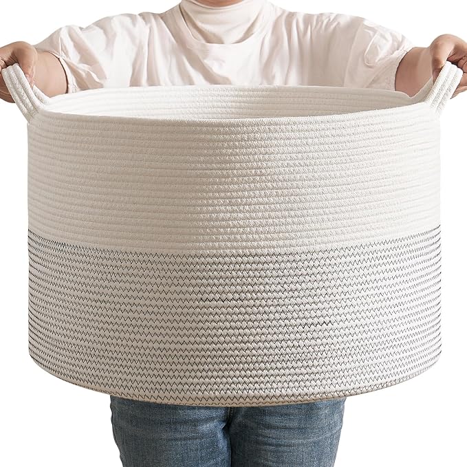 CLHMILY&Z Large Woven Storage Basket - 22x14.2 Inches - Modern Nursery Bin, Round Baby Toy Organizer, Soft Cotton Hamper for Home Decor, Multi-Purpose Home Tidy Solution