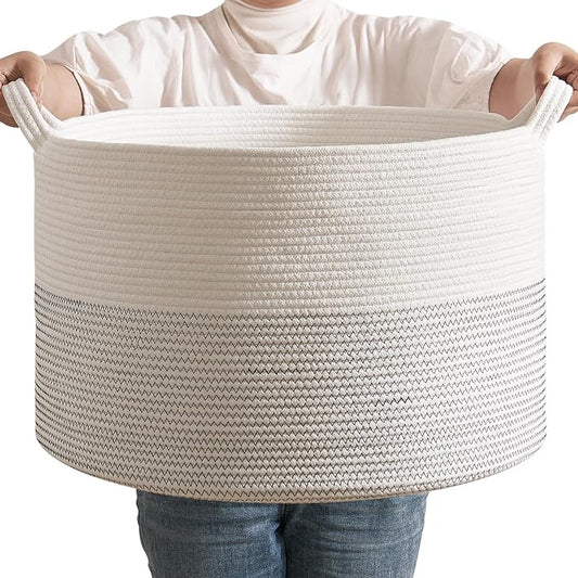 CLHMILY&Z Large Woven Storage Basket - 22x14.2 Inches - Modern Nursery Bin, Round Baby Toy Organizer, Soft Cotton Hamper for Home Decor, Multi-Purpose Home Tidy Solution