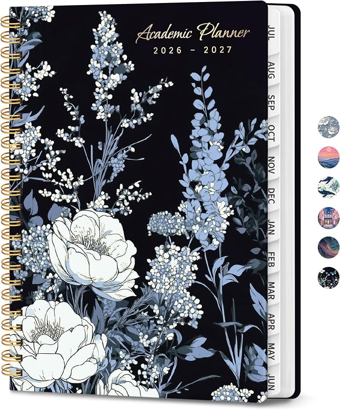 Planner 2026-2027, Hardcover Monthly and Weekly Academic Planner July 2026 - June 2027, Teacher and Student Calendar Agenda Book with Tabs, A5 (6.3" x 8.5"), Ideal for School and Office, Nocturne Peonies