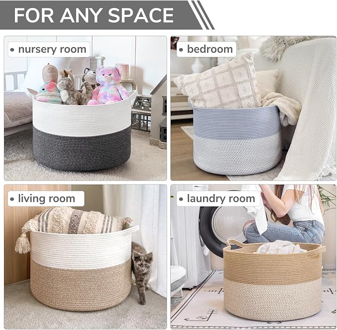 INDRESSME XXXLarge Cotton Rope Basket 21.7" x 21.7" x 13.8" Woven Baby Laundry Baskets Blanket Basket Toy Baskets with Handle Storage Comforter Cushions Gray Laundry Hamper
