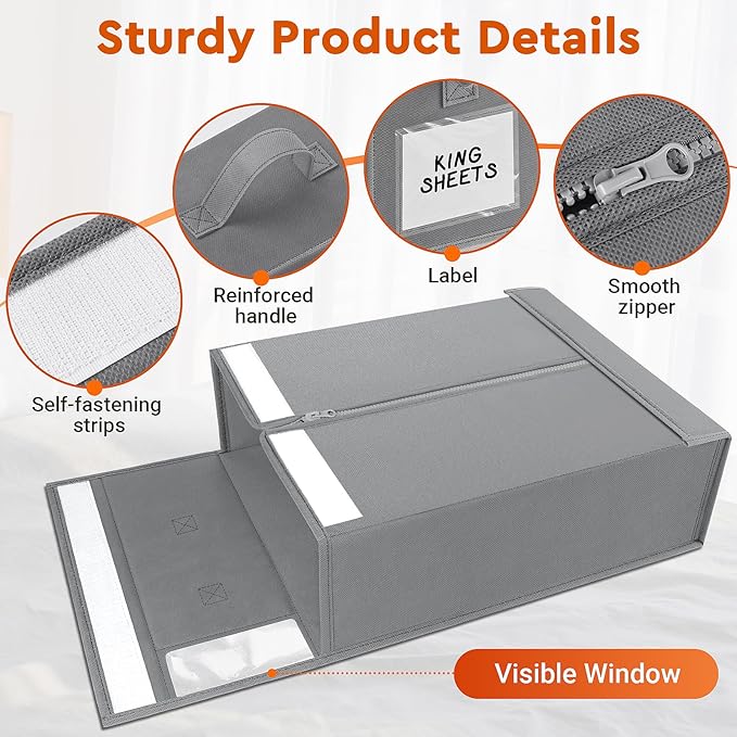 StorageTastic 6 Pack Bed Sheet Closet Organizers and Storage,Sturdy Foldable Storage Containers with Window and Label,Storage and Organization for Bedding Sheets,Duvet Covers,Blankets (Grey)