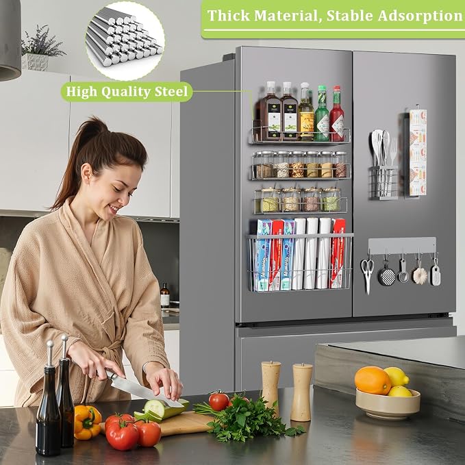 Magnetic Spice Rack for Refrigerator, 7 Pack Magnetic Fridge Shelf for Kitchen Organization Storage, Moveable Spice Organizer W/Paper Towel Holder, Utensil Caddy, Cutting Board Rack (Grey)