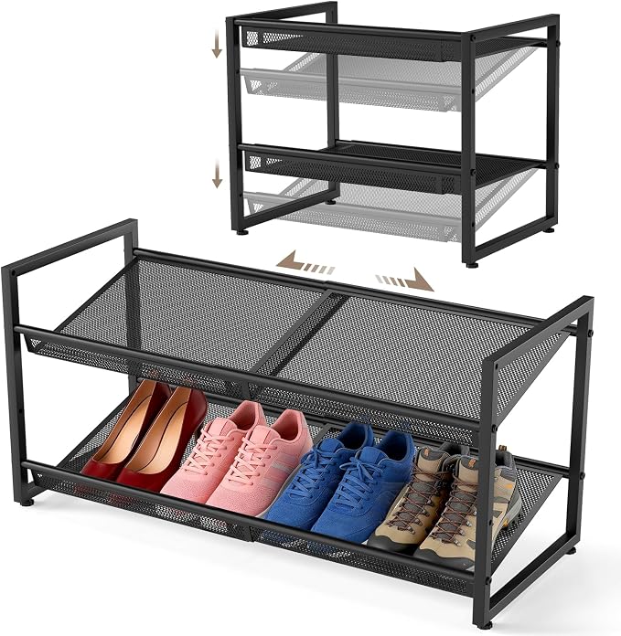 Expandable Shoe Rack, 2 Tier Adjustable Shoe Organizer with Flat & Slant Dual Use Design, Space Saving Shoes Stand for Closet & Entryway, Sturdy Dense Metal Grid Shoe Holder for High Heels, Sneakers