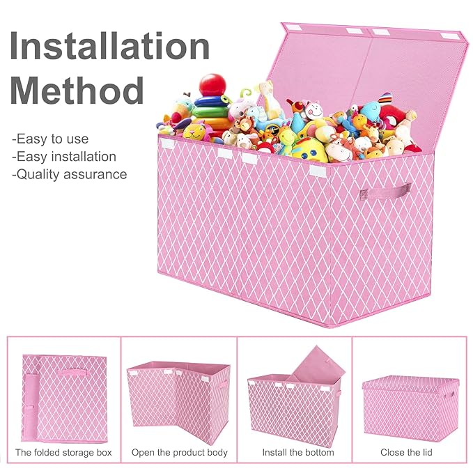 Toy Box Chest Organizer Bins for Girls Boys, Kids Large Fabric Collapsible Storage Basket Container with Flip-Top Lid & Handles for Clothes,Blanket,Nursery,Playroom,Bedroom (Pink)