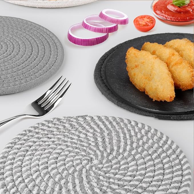 8 Inch Trivets for Hot Dishes, 6 Pcs Cotton Hot Pads with Basket | Large 8-inch cotton trivets for hot pots and dishes; basket adds easy storage and farmhouse style