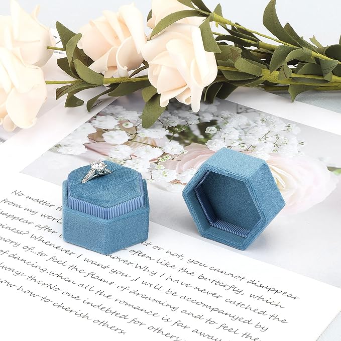DesignSter Hexagon Velvet Ring Bearer Box - Premium Gorgeous Vintage Double Ring Display Holder with Detachable Lid for Proposal, Engagement, Wedding, Ceremony (Dark Blue)