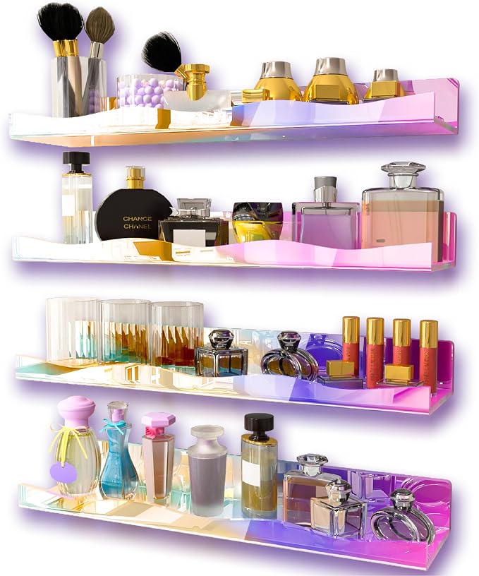 YMVV Large Iridescent Clear Acrylic Wall Mounted Floating Shelf, Perfume Organizer Shelf,Modern 15.7 IN Thickened Bathroom Storage Toy Display Organizer Decor 4 Pack