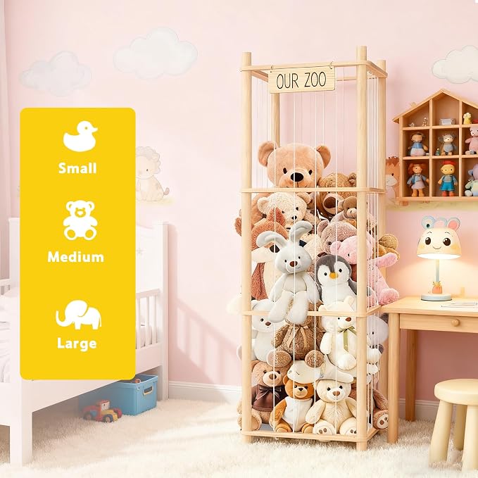 Stuffed Animal Storage & Organizer – Wooden Zoo Cage Display Shelf for Large Plush Toy Storage, Kids Room & Bedroom Decor