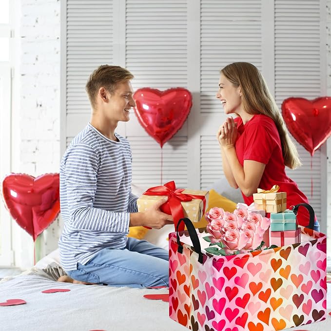 Rectangular Valentines Basket Storage Bin for Shelves Girls Gifts Baskets Foldable Box with Handles for Home Office Car Dormroom Valentine's Day Party Supplies