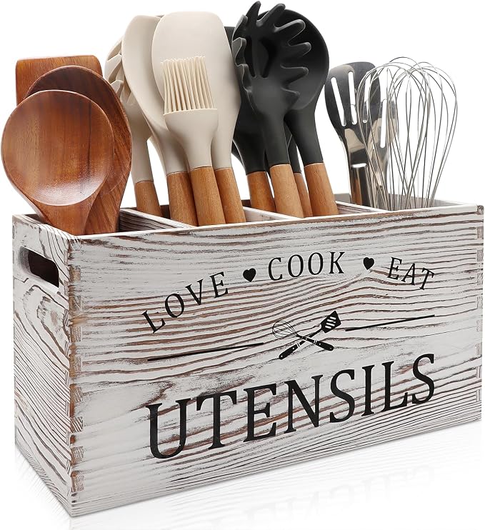 Rustic White Wooden Cooking Utensil Holder for Kitchen Large Spoon Holders | Farmhouse Wood Utensil Crock Kitchen Countertop Decor Utensil Organizer Storage Kitchen Tools Spatula Holder Silverware Caddy