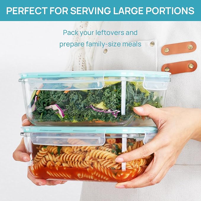 Vtopmart 2Pack 1860ml/63oz Large Glass Storage Containers With Lids, Green | Meal Prep Food Container Set with Snap Airtight Lid, For Baking, Microwave, Oven, Leak Proof, Freezer, Dishwasher, BPA Free