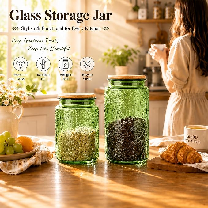 Custde Glass Storage Jars With Airtight Lid, 35oz Canister For Kitchen Counter with Bamboo Lid, brown sugar, candy, coffee, cookie, salt, tea,pantry cute Jar (Green, 35 fl oz)