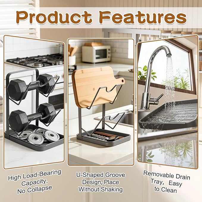 Kitchen Pot Lid Storage Rack, Double-Layer Pot Lid Organizer with Removable Drip Tray,Pot Lid Holder While Cooking,Space-Saving kitchen Countertop Organizer Storage for Pots Pans & Cutting Boards