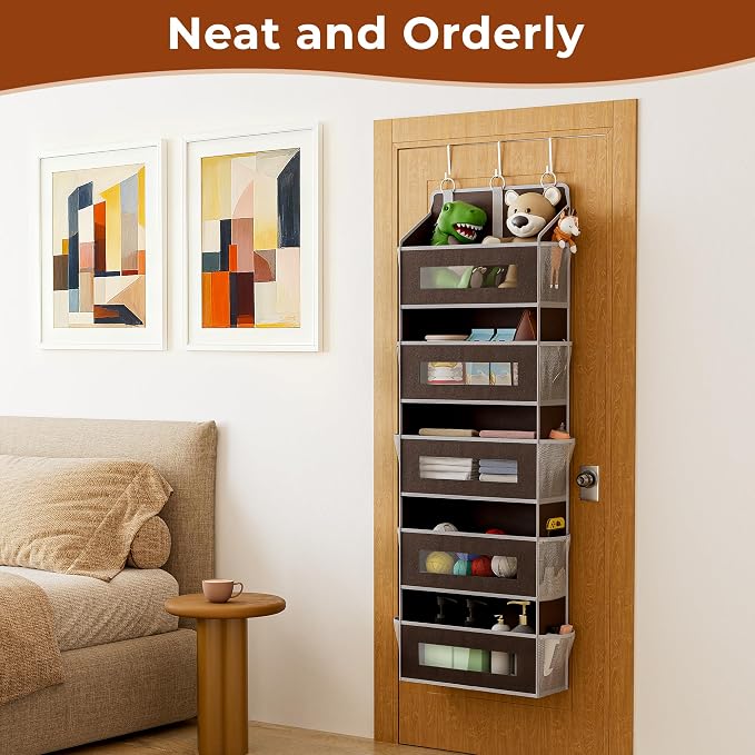 5 Tier Over The Door Organizer - Large Capacity Behind Door Hanging Shelves with 10 Mesh Pockets and Clear Windows, Closet Organizers and Storage for Bathroom, Bedroom, Nursery, Brown