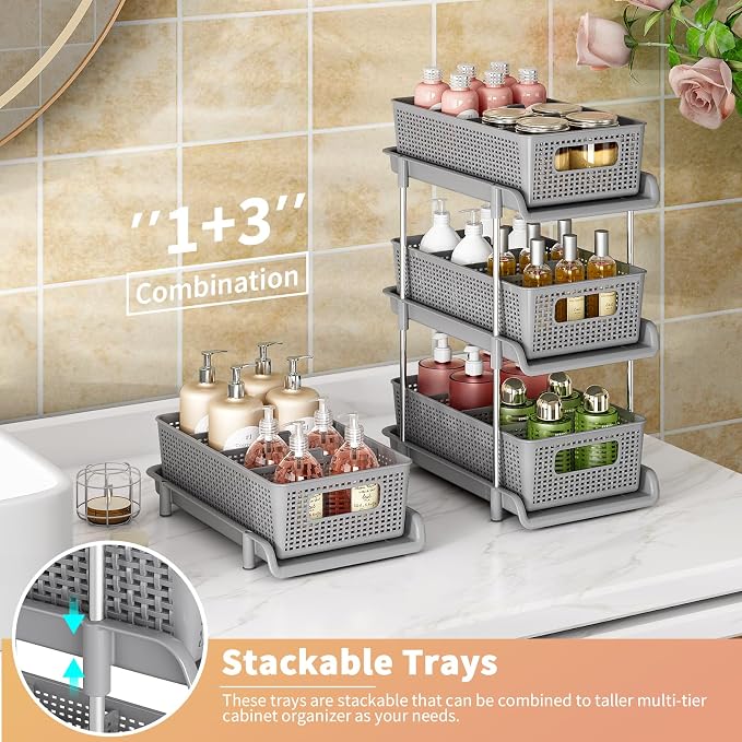 RIKOJUXI Bathroom Organizer with Dividers, 2Pcs 2 Tier Stackable Under Sink Organizers and Storage Cabinet Organizers for Bathroom Kitchen Pantry Organization and Storage, Medicine Cabinet Organizer