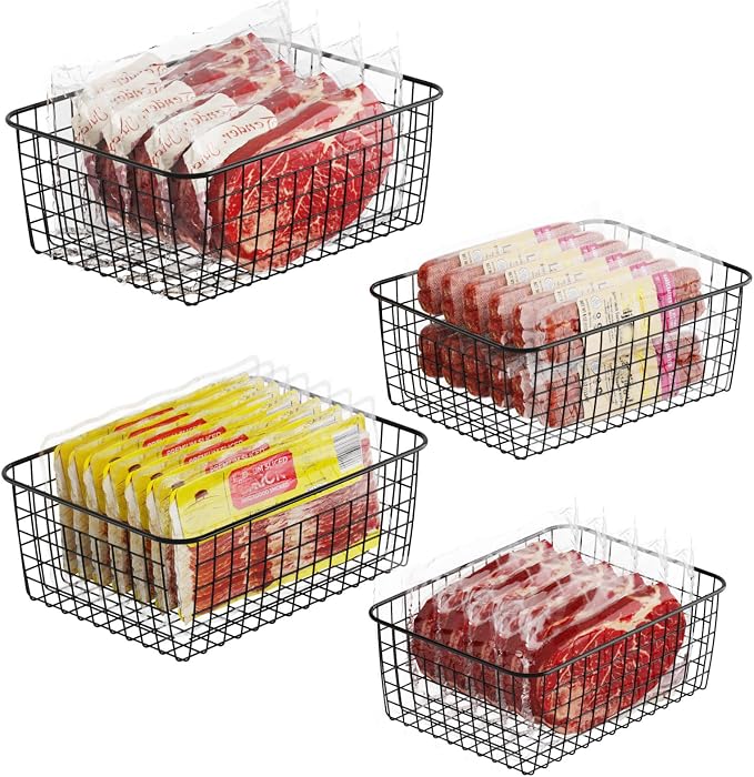 iSPECLE Freezer Organizer Bins - 4 Pack Upright Freezer Baskets for 16/17/21 Cu.Ft Stand Up Freezer, Wire Storage Slide-Out Access, Prevents Items Falling, 2 Large and 2 Medium, Black