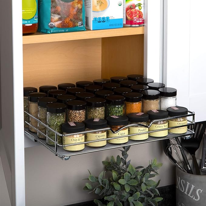 Pull-Out Cabinet Spice Rack Organizer, 14 ⅜"W x 10 ⅜"D x 2 ¾"H | Slim Slide-Out Storage for Spices, Bottles & Jars, Premium Heavy-Duty Steel, Easy Install for Narrow Kitchen Cabinets, Chrome