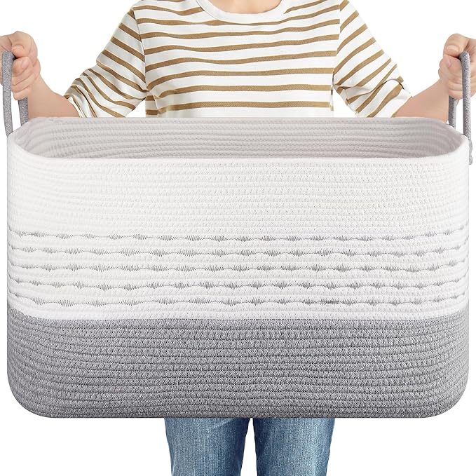 OIASKET 75L Large Cotton Rope Storage Basket, Soft Decorative Blanket Basket for Living Room & Bedroom, Boho Laundry Hamper with Handles Capable of Holding Pillows, Clothes and Toys-Grey & White