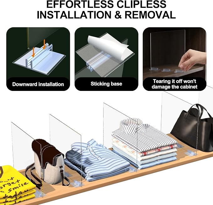 Acrylic Shelf Dividers for Closet Organization: 6 Pack Clear Removable 10/11.8" Tall X 11.8/10" Deep Clipless Separators for All Cabinets, Vertical Adjustable Storage Clothes, Purse, Bag Organizer