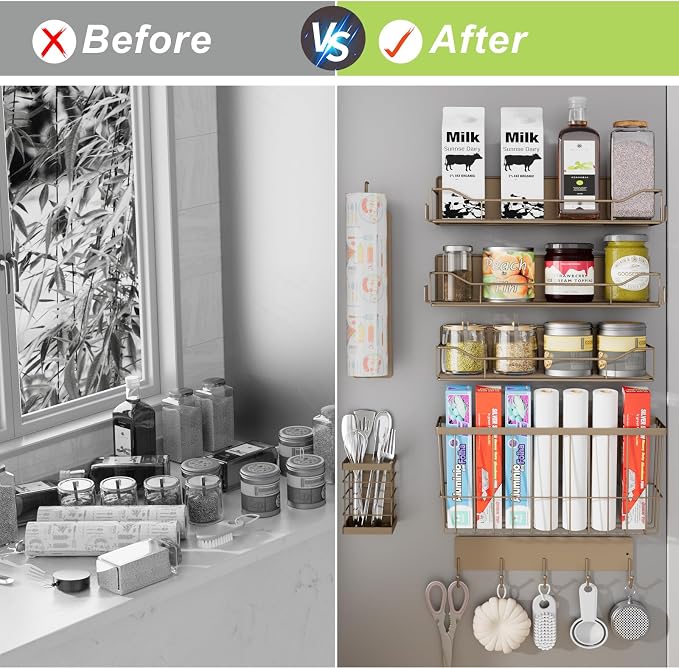 Magnetic Spice Rack for Refrigerator, 7 Pack Magnetic Fridge Shelf for Kitchen Organization Storage, Moveable Spice Organizer W/Paper Towel Holder, Utensil Caddy, Cutting Board Rack (Brown)