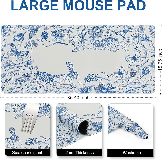 L-SPOUTTO Blue Floral Desk Mat for Keyboard and Mouse,XXL Gaming Mouse Pad | Large 35.4x15.7in Non-Slip Rubber Base Keyboard Pad ,Waterproof Desktop Mat for Laptop Computer Work Home Office