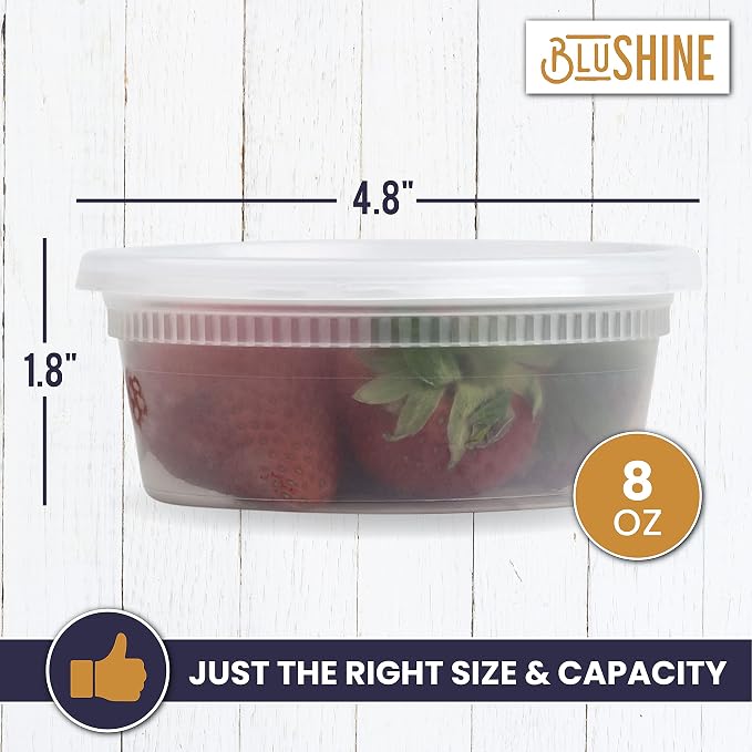 BluShine Deli Containers with Lids, Plastic Food Storage Containers | 8 oz, 40 sets Small Plastic Deli Food Storage Containers with Airtight Leak Proof Lids, Reusable, Microwave and Freezer Safe