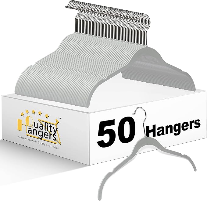 Quality Hangers Clothes Hangers 50 Pack - Non-Velvet Plastic Hangers for Clothes -Heavy Duty Coat Hanger Set -Space-Saving Closet Hangers with Chrome Swivel Hook, Non-Flocked Hangers (50, Gray)