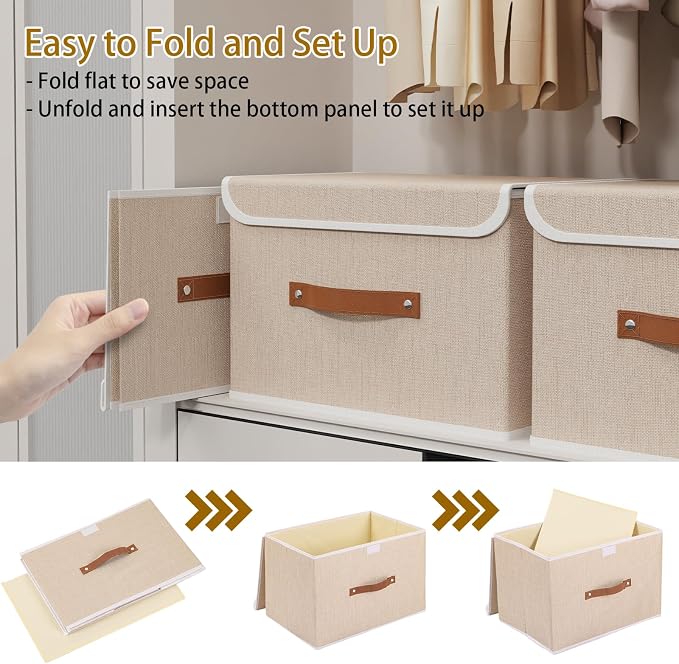 Yawinhe Collapsible Storage Boxes, Stackable Linen Fabric Baskets, Bin with lid and Leather Handle, Washable, for Home, Closet, Beige, 10.2x7.9x6.7 In, 5-Pack, SNK024BEN-5