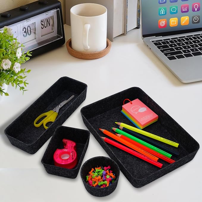 Welaxy office desk drawer organizer tray felt Storage Bin for pens Jewelry makeup decluttering sleek minimalist living 8-piece(Carbon)