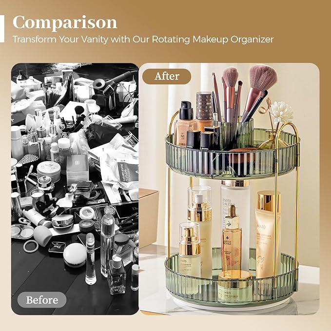 Aveniee Rotating Makeup Organizer for Vanity, Upagraded Perfume Skincare Bathroom Counter Organizers with Brush Divider, 2 Tier Spinning Lipstick Cosmetic Lotion Storage,Green
