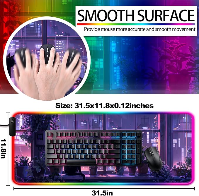 RGB Japanese Anime Cute Cat and Plant Gaming Desk Mat, Computer Keyboard Large Extended Kawaii Animal LED Mouse Pad for Office and Home, 31.5×11.8 Inches, XL, Purple