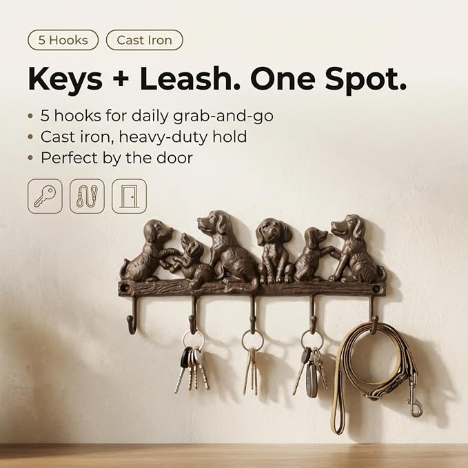 Lulu Decor Cast Iron 5 Dog Key Hooks, Ideal for Dog Lovers Heavy Duty Hooks, Decorative Hooks - Wall Mount Leash Holder for Wall Storage - Stylish Key Holder (Antique Black)