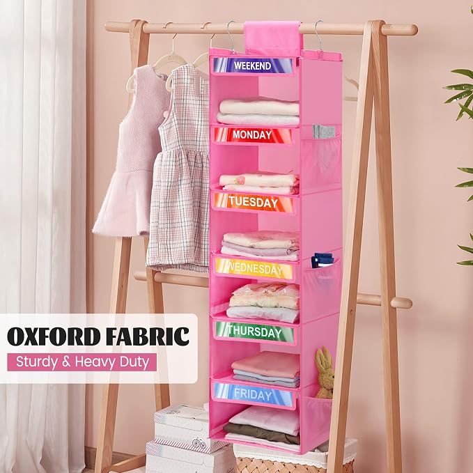 6-Shelf Weekly Clothes Organizer for Kids, Hanging Daily Closet Organization with 6 Side Pockets, Days of The Week Clothing Divider Storage for Boys and Girls (Pink)