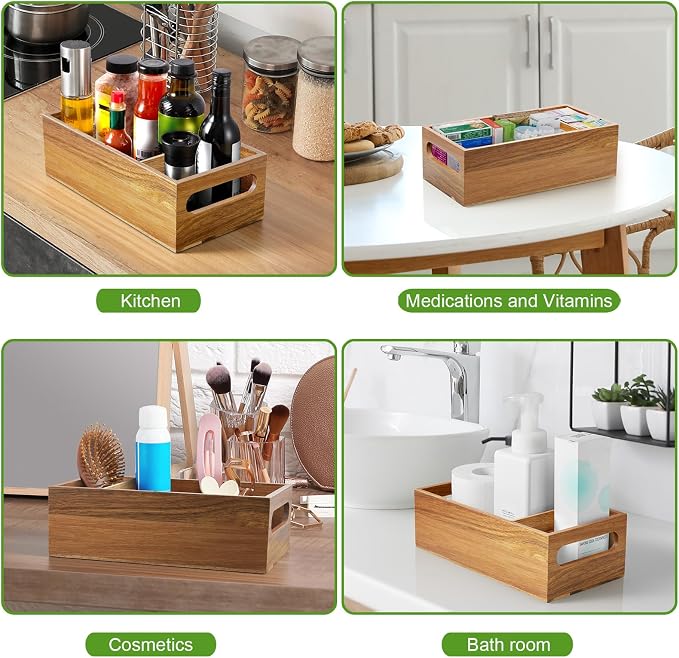 DRASTAR Pantry Organization and Storage Bins, Acacia Wood Seasoning Packet Organizer with Removable Dividers,Storage Caddy for Kitchen, Pantry, Cabinet, Countertop