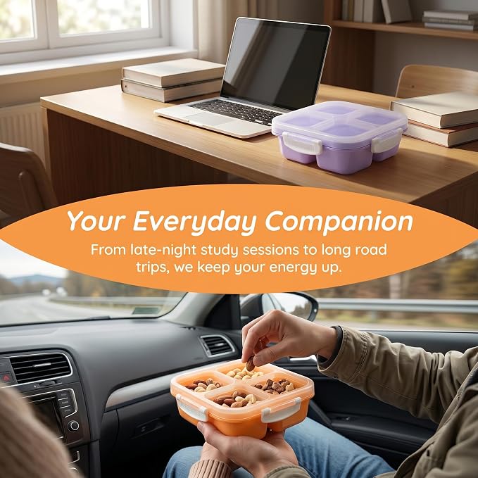EONJOE 4-Pack Small Snackle Box With snap lock lid,Dishwasher Safe | 4-Compartment,BPA free,Food Grade PP5 Plastic, Airtight Lid,On-the-Go,