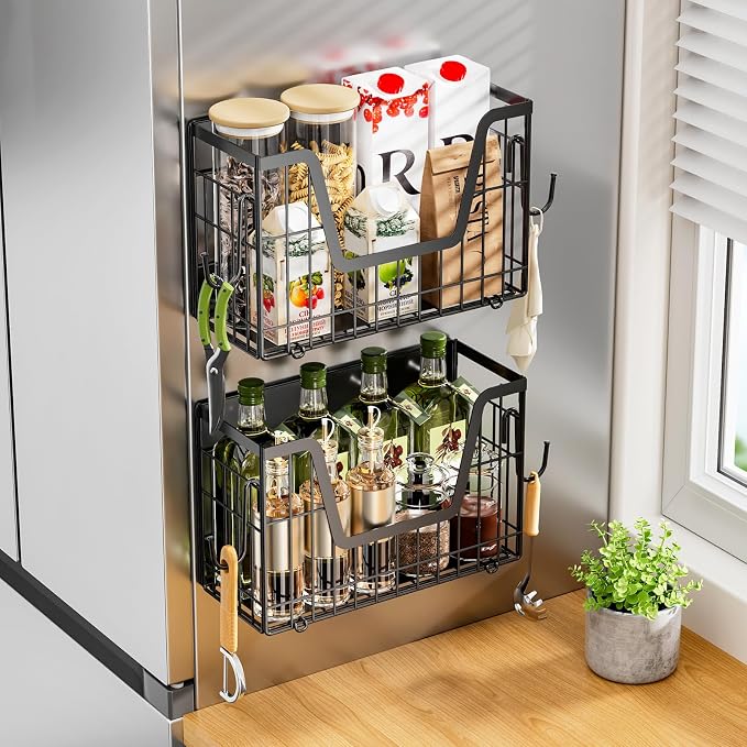 2 Set Magnetic Shelf for Fridge, Potato & Onion Storage Bins, Magnetic Fruit Basket for Refrigerator Pantry Kitchen Counter Laundry Organizer, Fridge Magnetic Spice Rack Magnet Fridge Storage