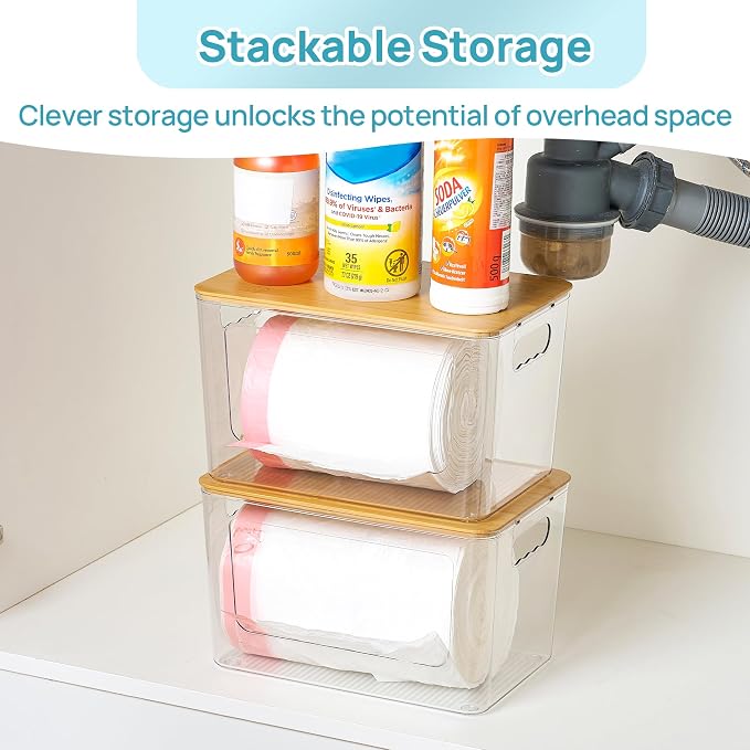 Vtopmart 2 Pack Trash Bag Holder with Bamboo Lid, Garbage Bag Dispenser | Stackable Trash Bag Organizer for 13/30/33 Gallon Bags, Clear Organizer Bins for Under Sink, Laundry Room Organization