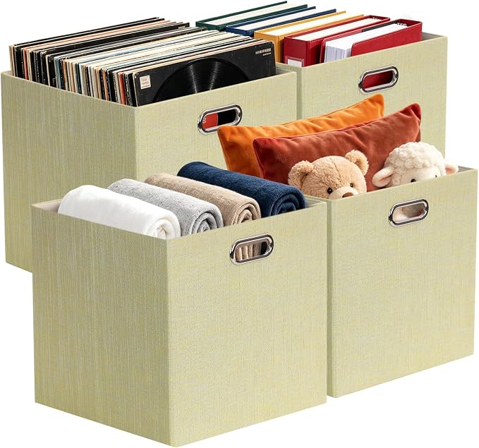 Posprica Foldable Storage Bins,13×13×13 Storage Cubes Boxes Baskets Containers for Shelf Bookcase,Thick Fabric Drawers - Set of 4, Yellow/Beige mixed