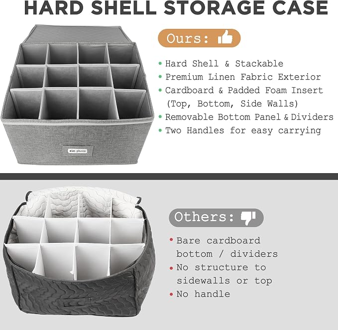 LotFancy Stemware Storage Container for Moving, Hard Shell, 2 Pack, Stackable Wine Glass Storage Box with Dividers & Handles, Crystal Glassware, Champagne Flute, Drinkware Case, Gray