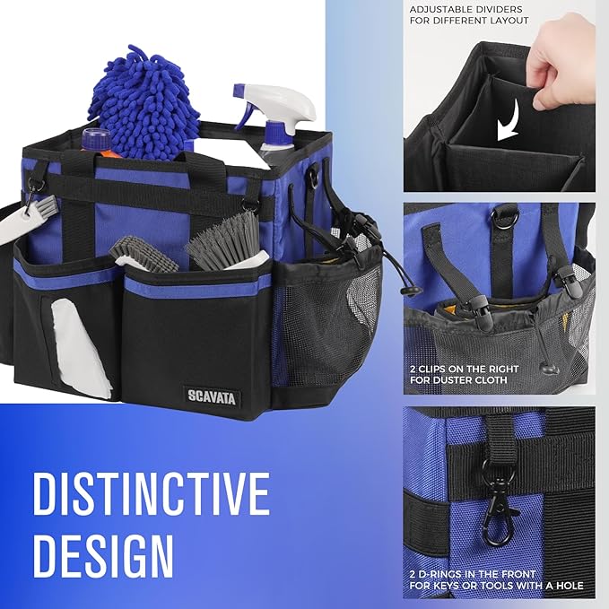 SCAVATA Compact Wearable Cleaning Caddy, Small Supplies Organizer with Handle & Shoulder Straps for Housekeepers, Under Sink & Car Cleaning Tool Organizer Bag (Blue)