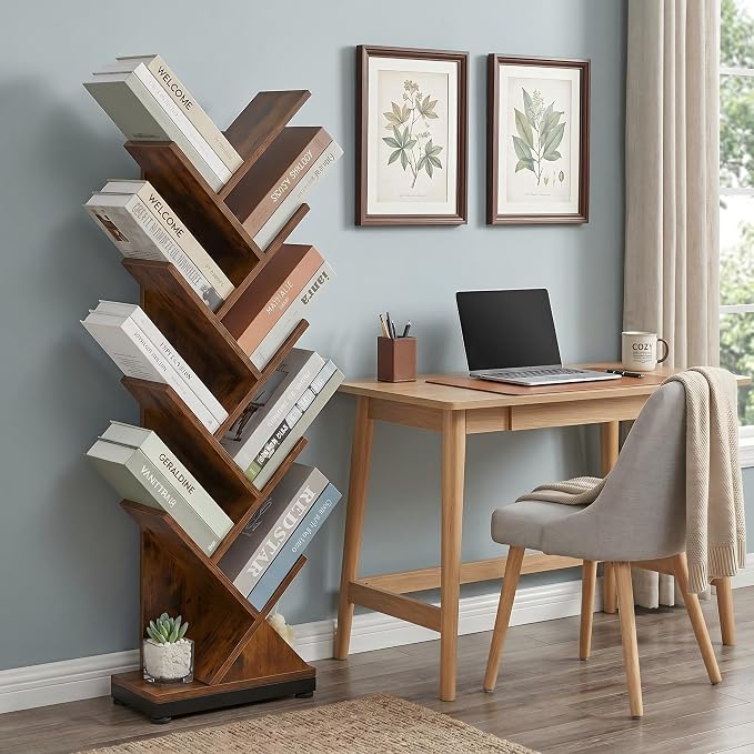 ruboka 9-Tier Tree Bookshelf Storage Organizer Display Rack | Floor standing Bookcase, sturdy wood, space-saving. Ideal Book Shelf for living room, bedroom, office. Holds magazines, CDs.