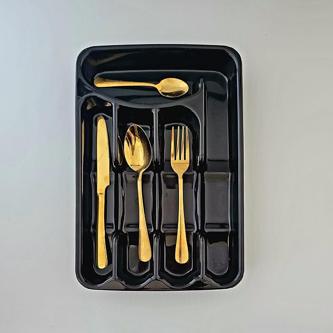 Utensil and Silverware Organizer tray for drawer with cover -Cutlery Flatware Organizer with lid - for kitchen drawer, BBQ, picnic, Covered flatware tray,5 Compartments - Plastic (BLACK)