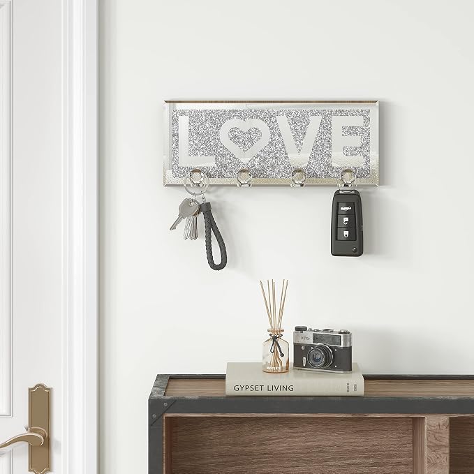 SHYFOY Mirrored Key Holder for Wall Decorative Love Letter Sign Plaque Key Hanger for Decor, Glitter Key Rack Wall Hanger with 4 Crystal Hooks for Entryway Front Door Key Hanging