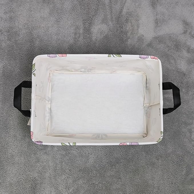 Rectangular Collapsible Romantic Tulip Storage Basket Nursery Organizer | Storage Bin Foldable Canvas with Handles for Organizing Home Kitchen Children Toys Office Closet Shelf Baskets