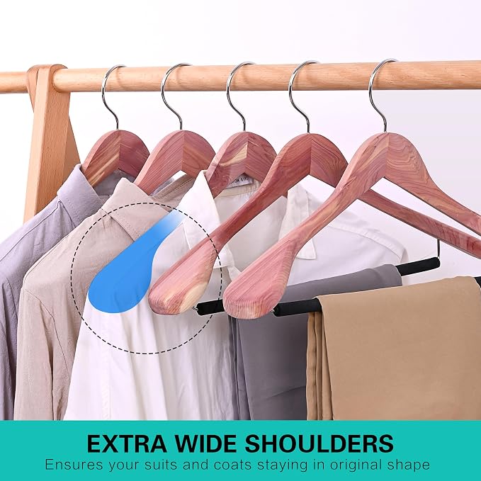 8 Pack Unfinished American Red Cedar Wooden Coat Suit Hangers with Extra Wide Shoulder, Wood Jacket Clothes Hanger with Non Slip Black Padded Pant Bar- 360°Flexible Hook, Natural