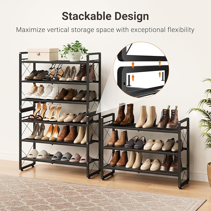 ELYKEN Shoe Rack, 3-Tier Expandable Shoe Organizer for Closet, Metal Black Shoe Shelf with 4 Hooks, Adjustable Shoe Stand Holder for Entryway, Garage, Door Entrance