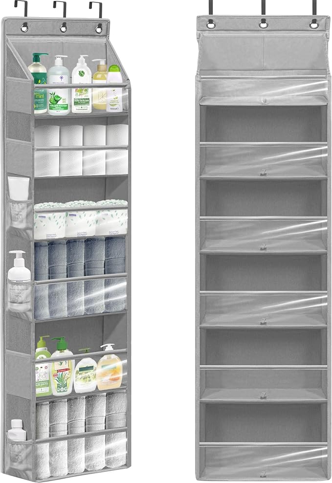 Over Door Organizer with 6 Extra Large Pockets 12 Side Pockets, Sturdy Closet Storage Rack, Hanging Storage Organizer with Clear Window for Shoes, Diapers, Bedroom, Bathroom, Grey