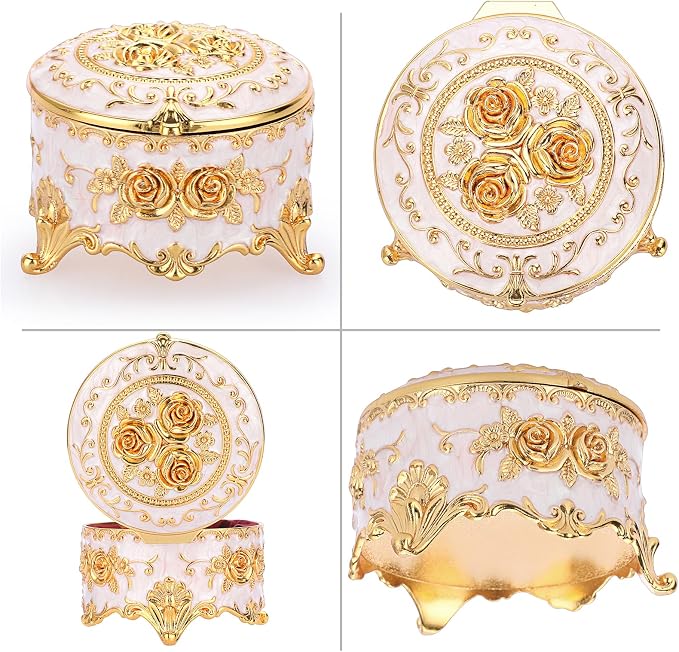 Hipiwe Vintage Round Jewelry Box Small Trinket Storage Organizer Box Gold Metal Chest Ring Case Treasure Box Keepsake Box Earrings Necklace Storage Box Gift for Women, Small
