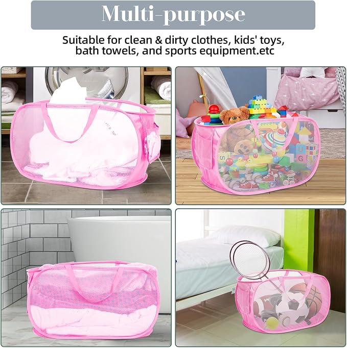 4 Pcs Durable Collapsible Laundry Baskets, Foldable Large Opening Pop Up Laundry Hamper with Pocket, Clothes Hamper with Handles for Laundry, Bathroom, Kids Room, Dorm or Travel Pink