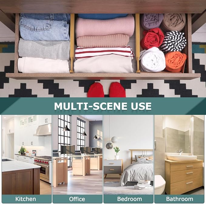 Lzerking Kitchen Drawer Dividers 4 Pack, Adjustable Bamboo Drawer Organizer, 17-22" Expandable Utensil Organizer for Kitchen, Dresser, Closet, Bedroom, Bathroom